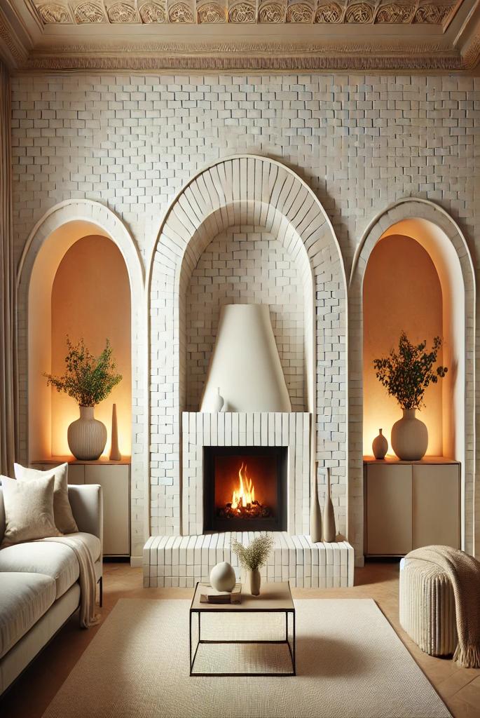 Arched White Brick Fireplace