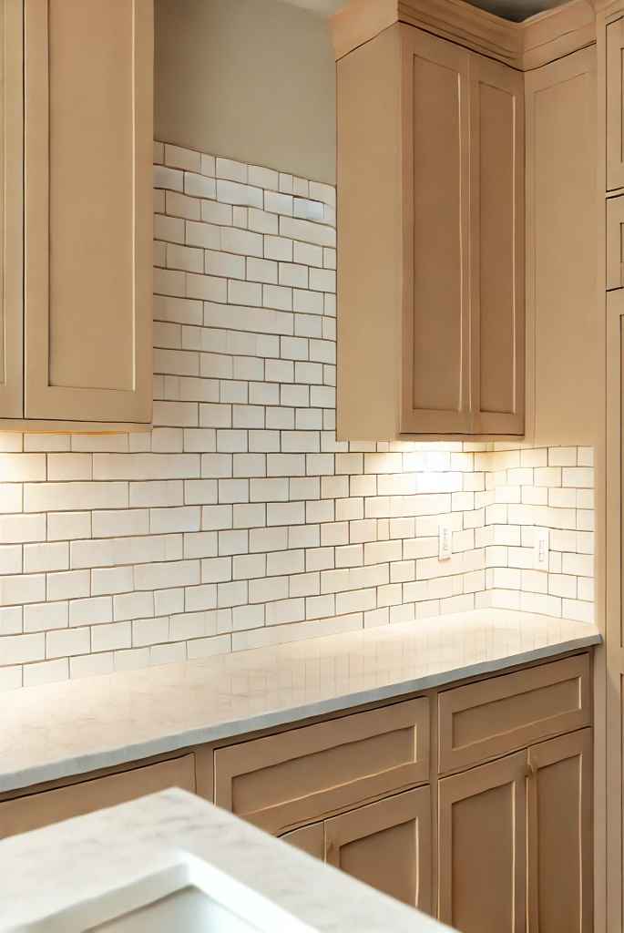 Beige Cabinets With White Subway Tiles