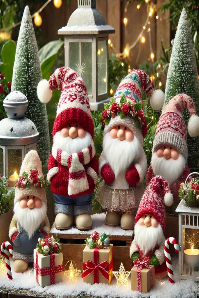 Garden Gnomes in Holiday Outfits