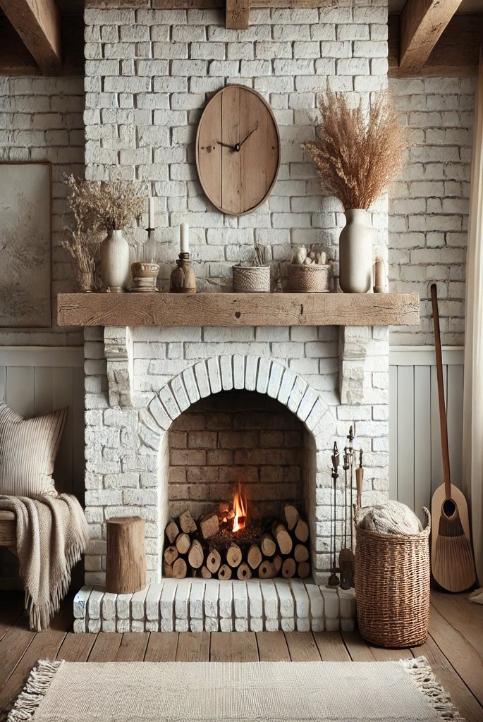 white wash brick fireplace