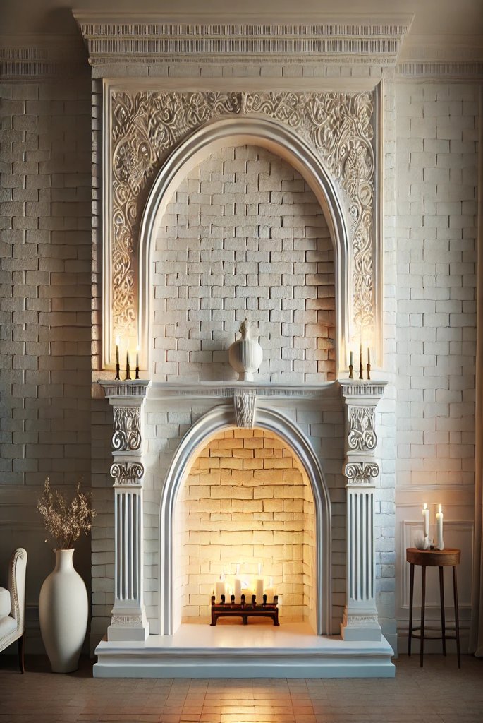 White Brick Fireplace with Arched Opening