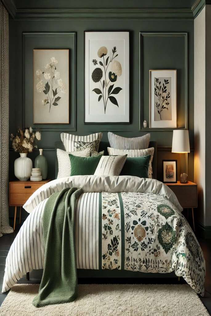 green bedroom mixing patterns