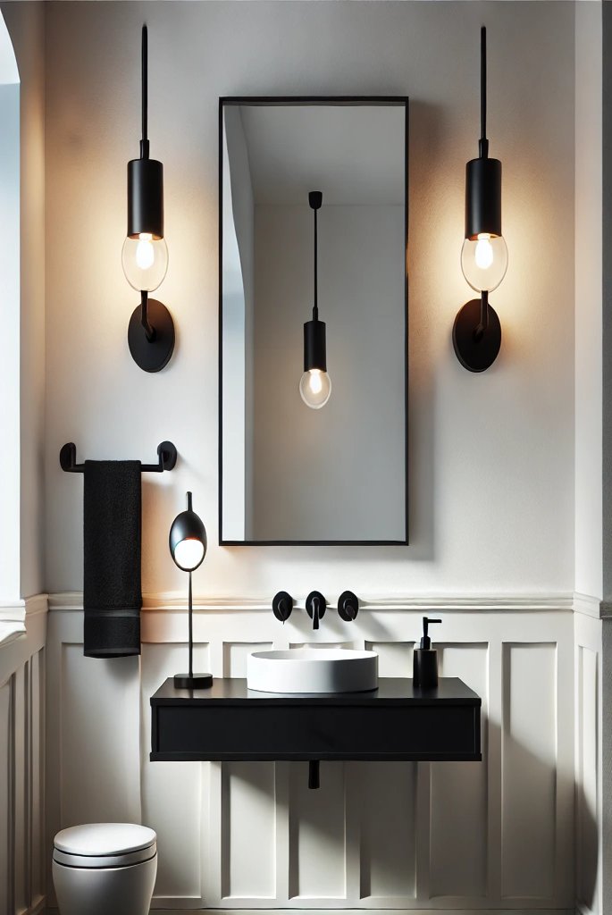 Black Vanity Lighting Against White Walls