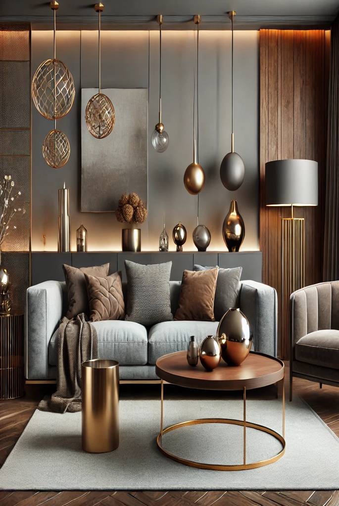 Modern Grey and Brown Living Room with Metallics