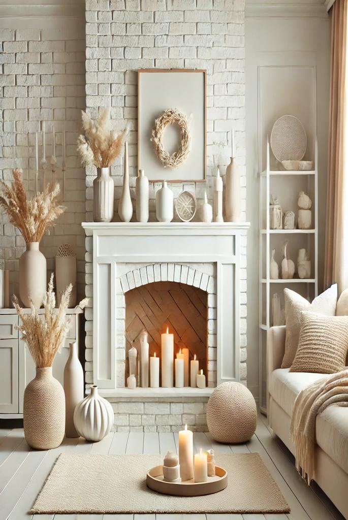 All-White Brick Fireplace with Neutral Decor