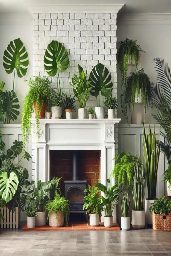 White Brick Fireplace with Indoor Plants