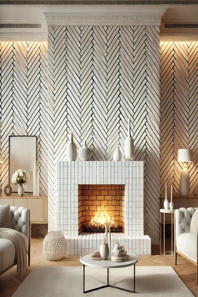 White Brick Fireplace with Chevron Brick Pattern