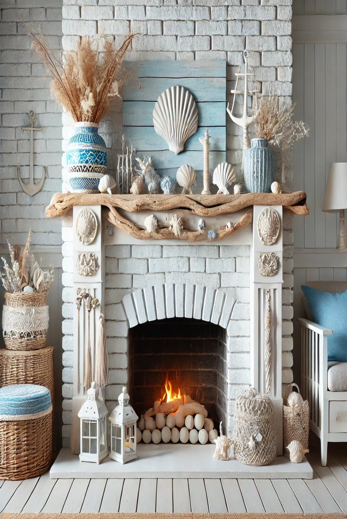 white painted brick fireplace