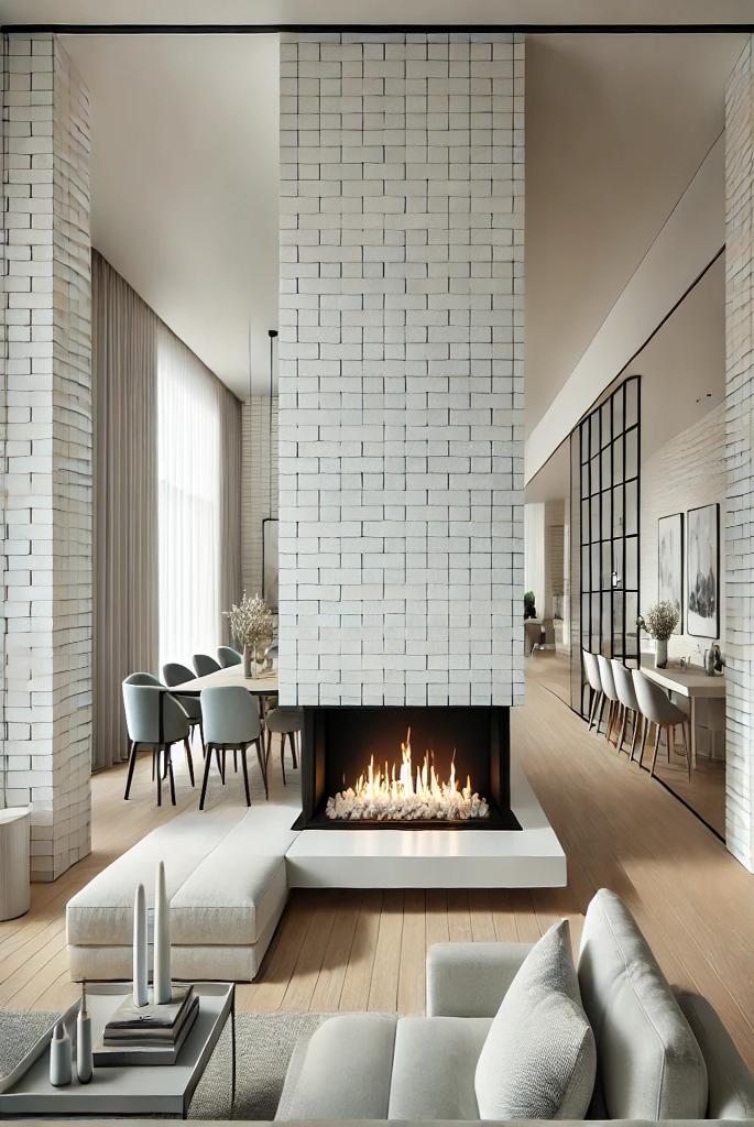 Multi-Sided White Brick Fireplace