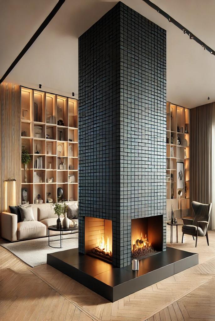 Double-Sided Black Brick Fireplace