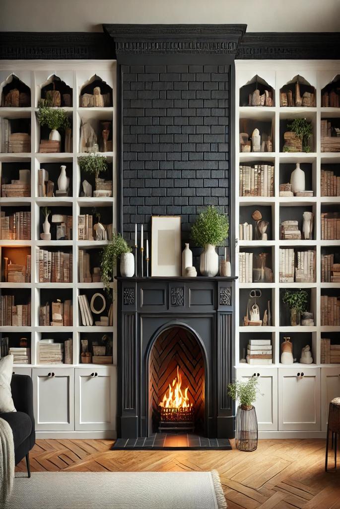 black painted brick fireplace