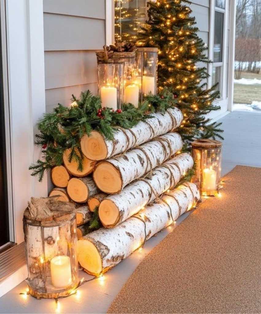 Birch Log Christmas Porch Display