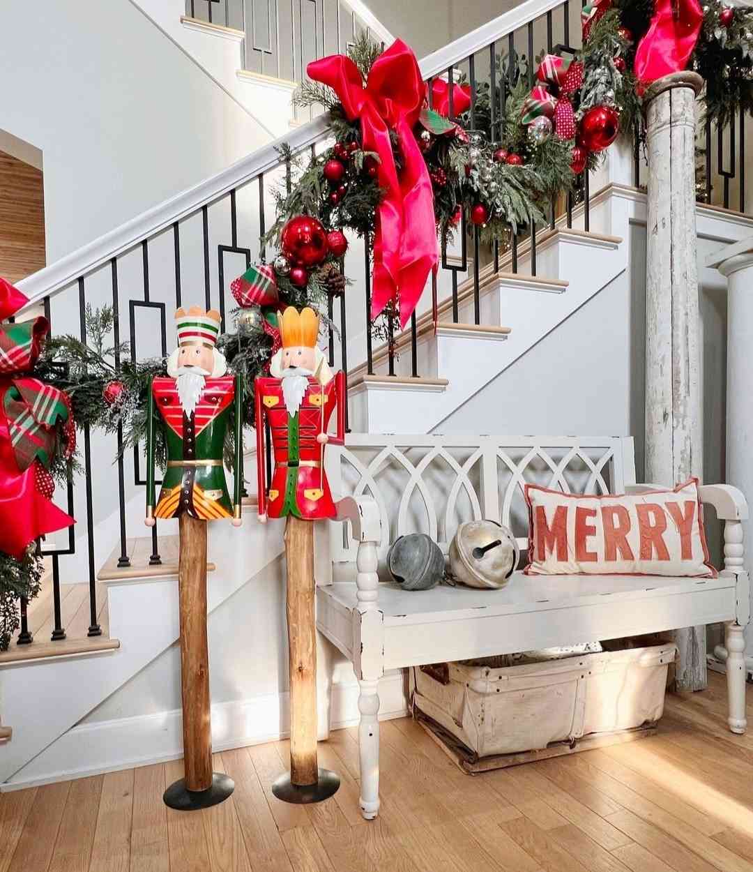 Christmas Stair with Red Bows and Nutcrackers