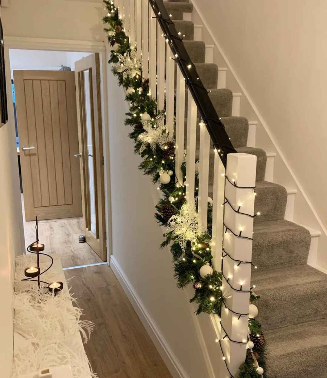 Elegant Staircase Garland with White Accents