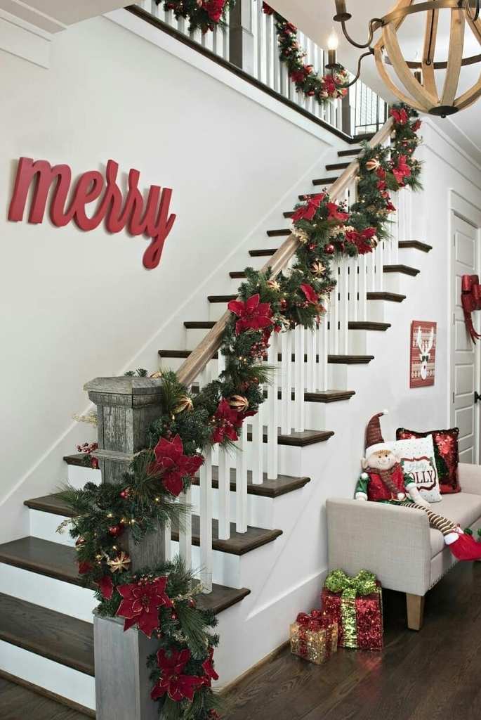 Red and Green Christmas Stair with Poinsettias