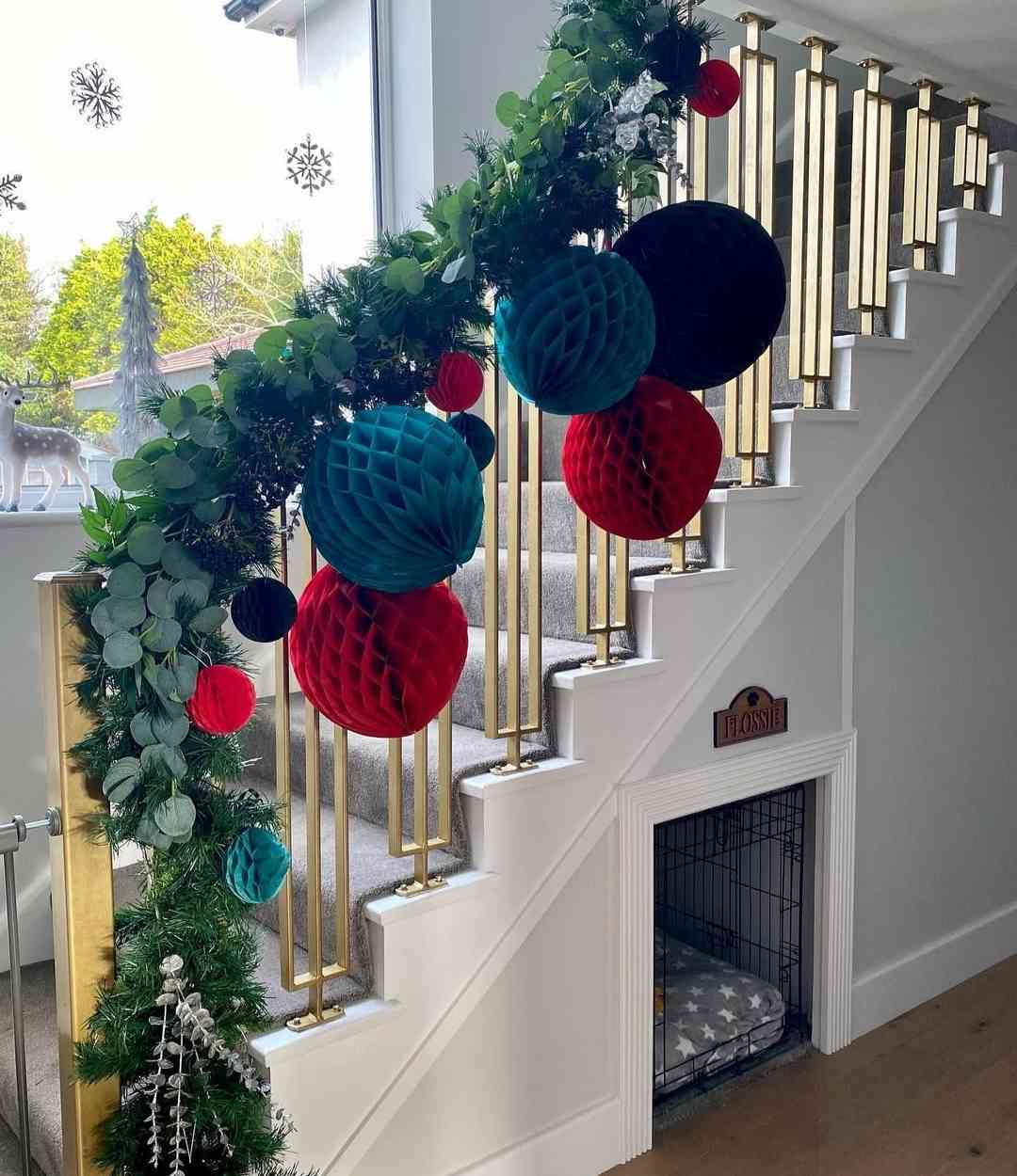 Staircase Garland with Bold Ornaments