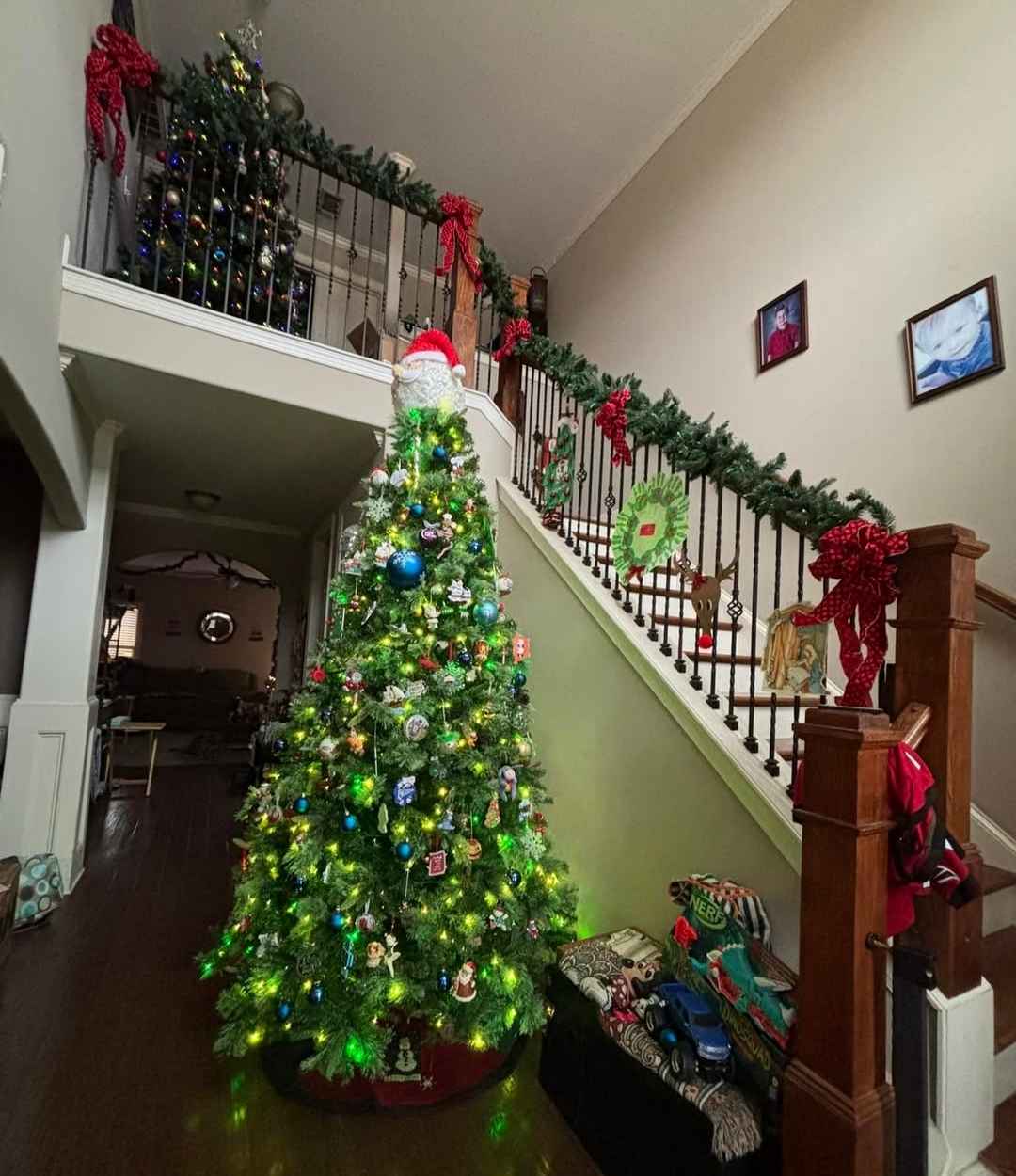 Stairs with Red Bows and Christmas Tree