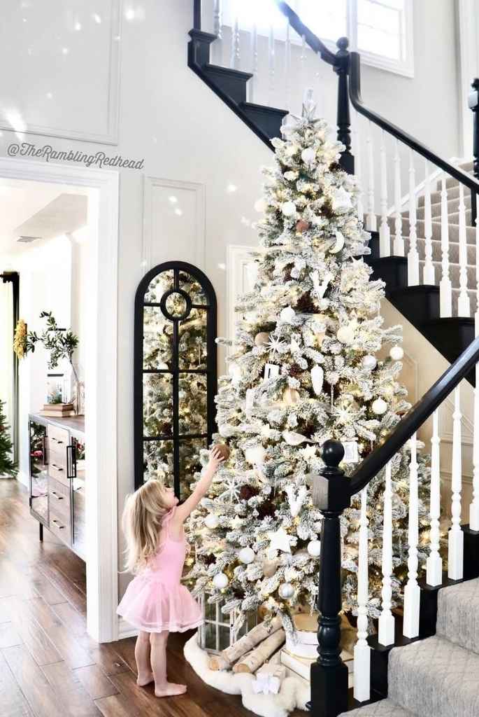 Whimsical White Christmas Tree by the Stairs