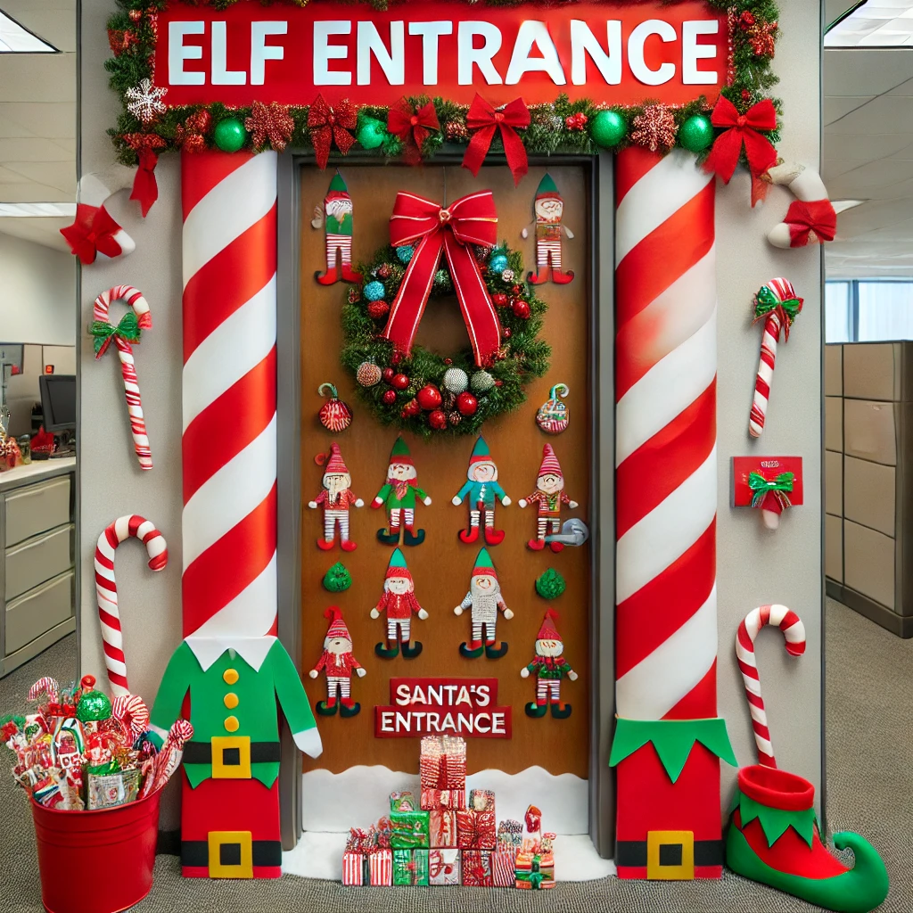 office door decorated with a Santa’s Workshop theme