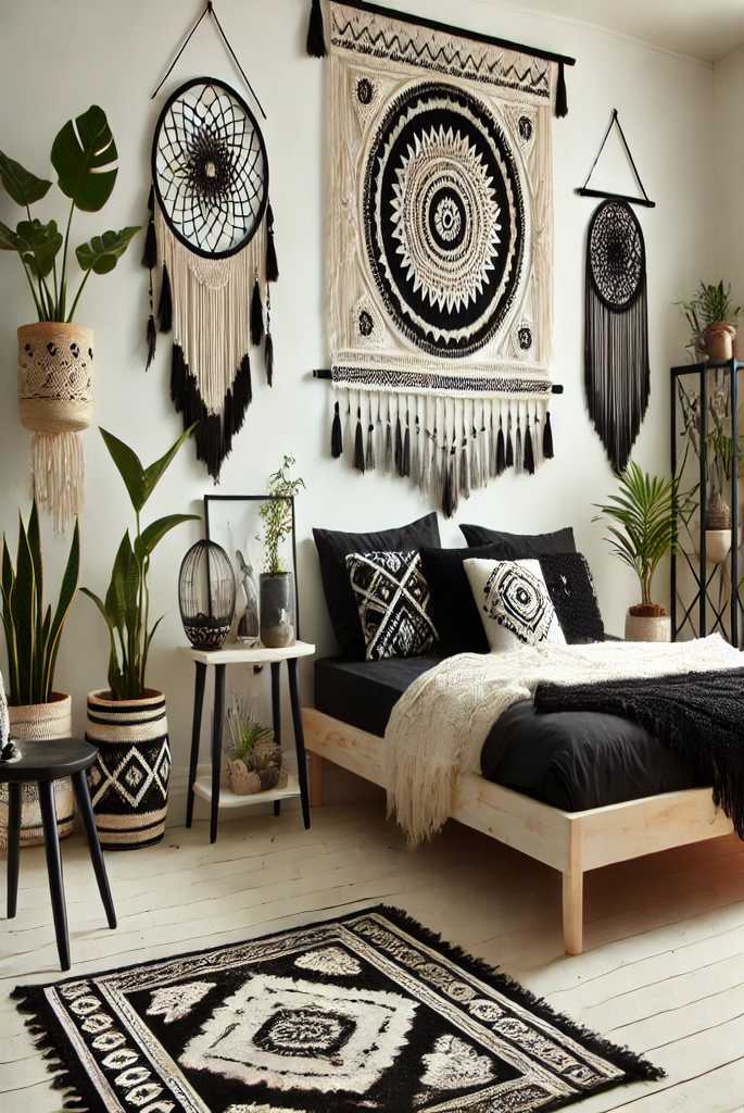 Boho chic black and white bedroom design