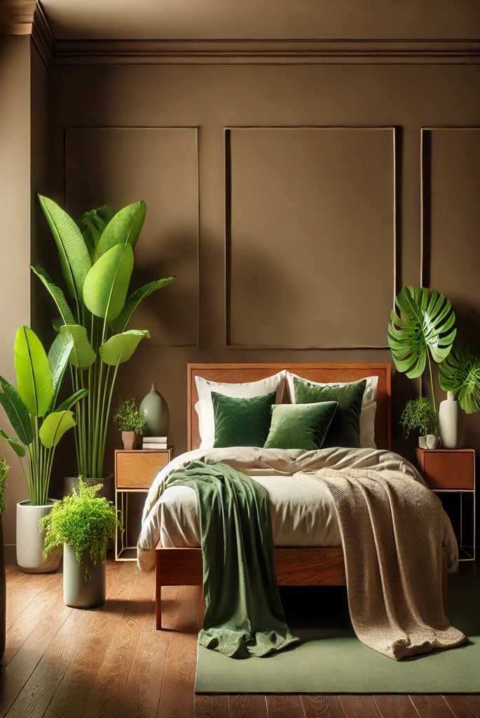 Brown bedroom with earthy greens