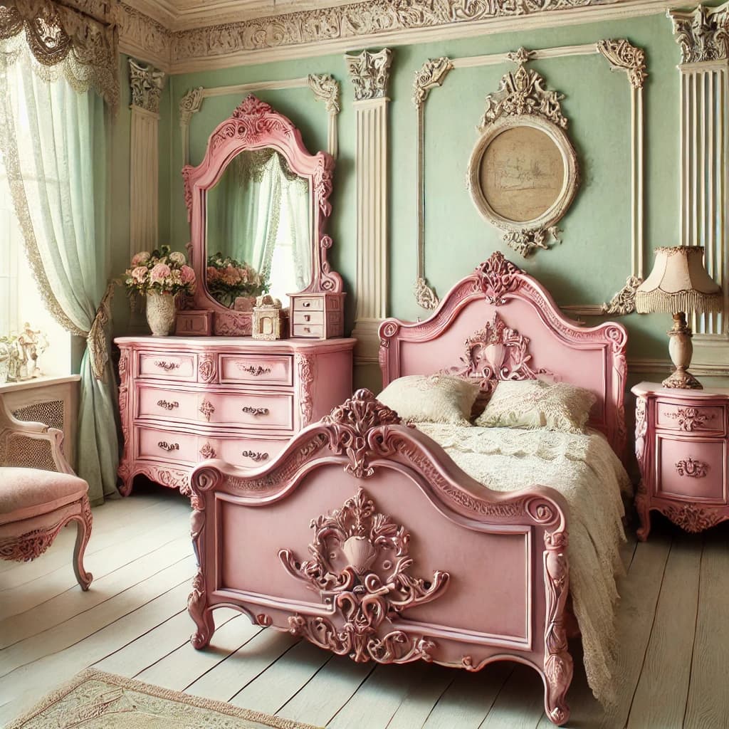 Antique pink furniture with pale green walls