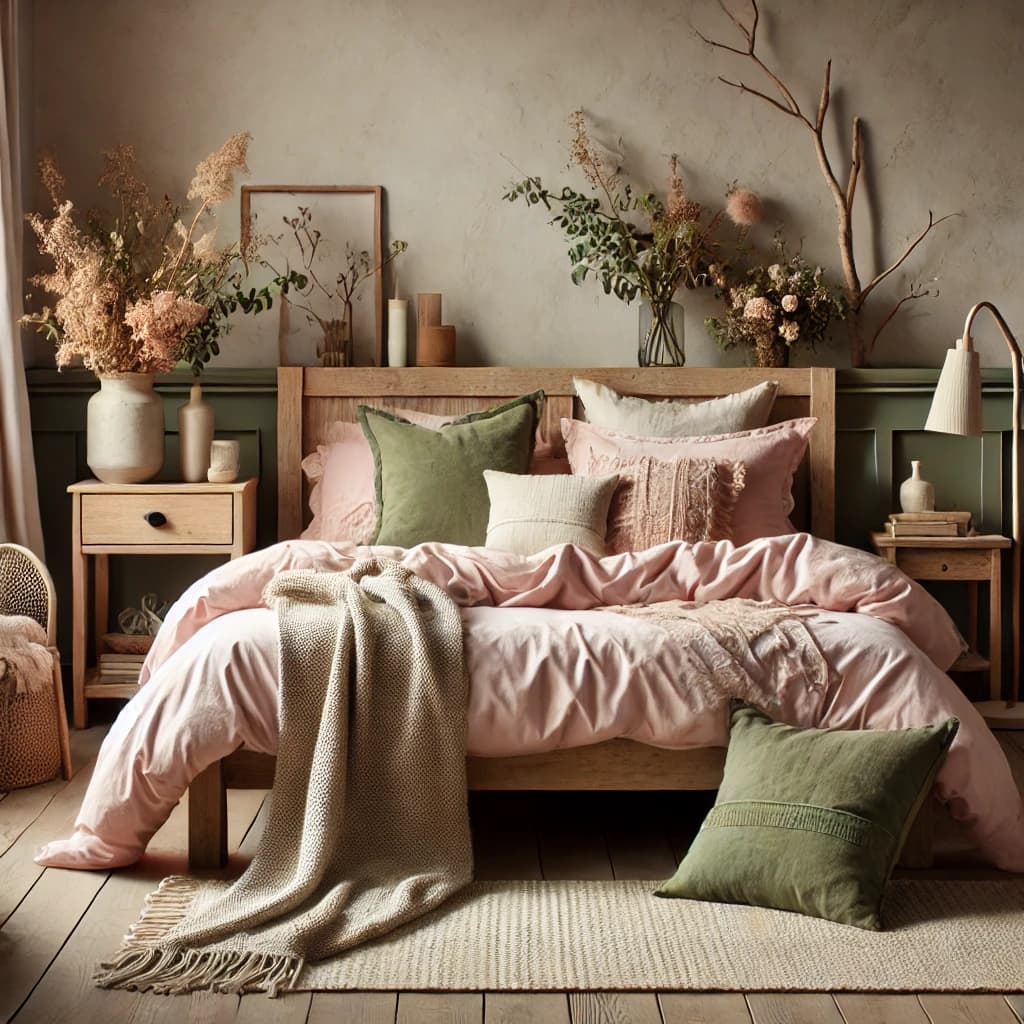 pink bedding with moss green accents