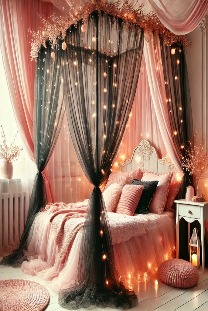 Pink and Black Canopy Bed