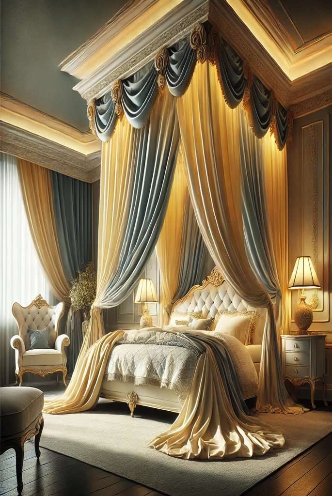 Canopy Bed with Yellow and Blue Drapes