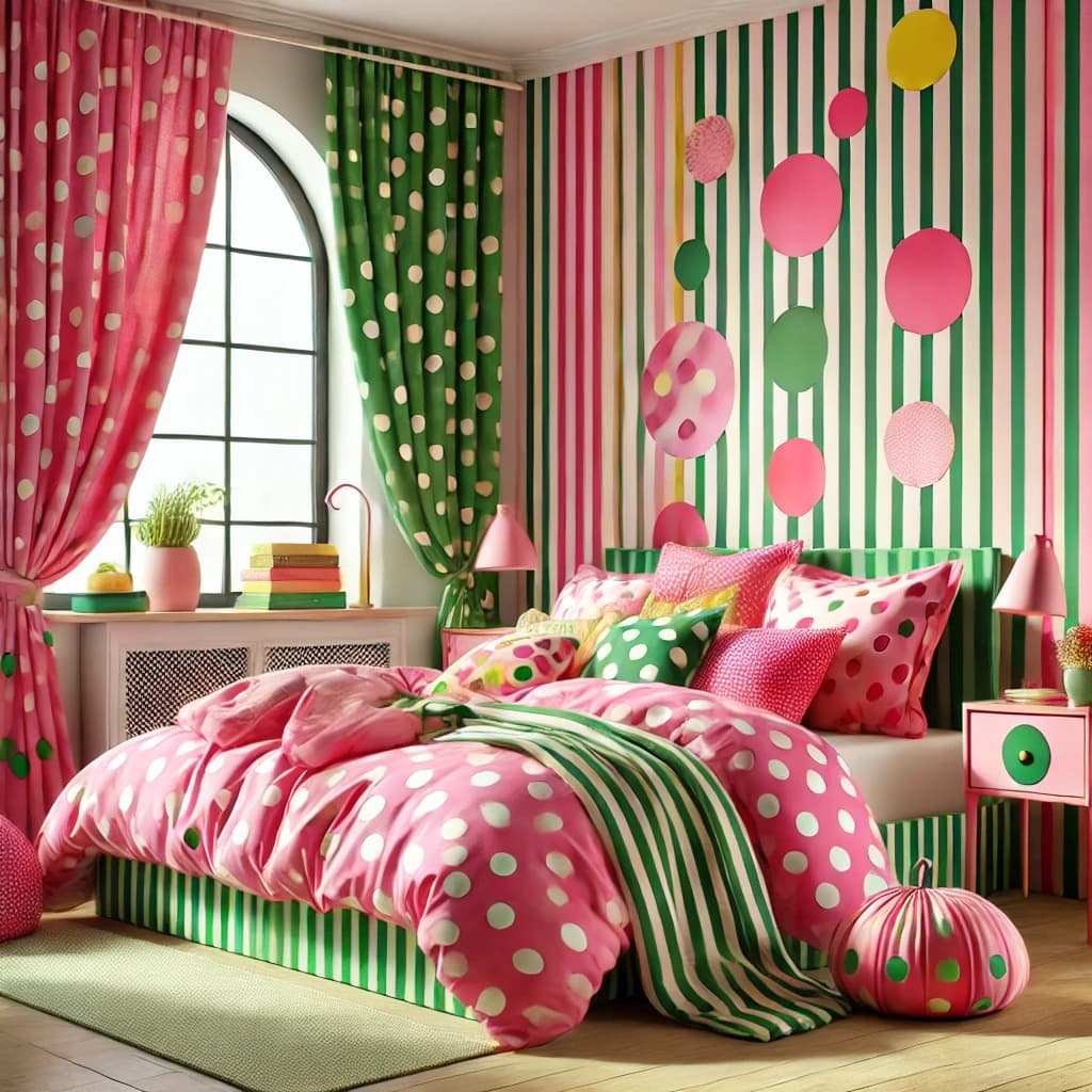 Pink bedding with green striped curtains