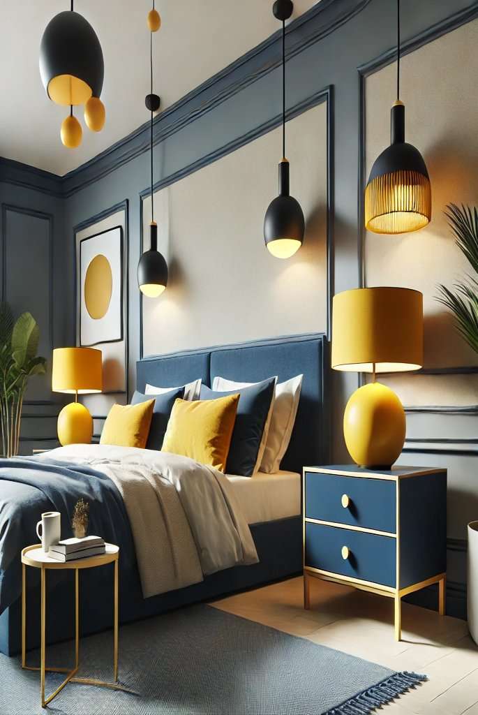 Navy Blue Nightstands with Yellow Lamps