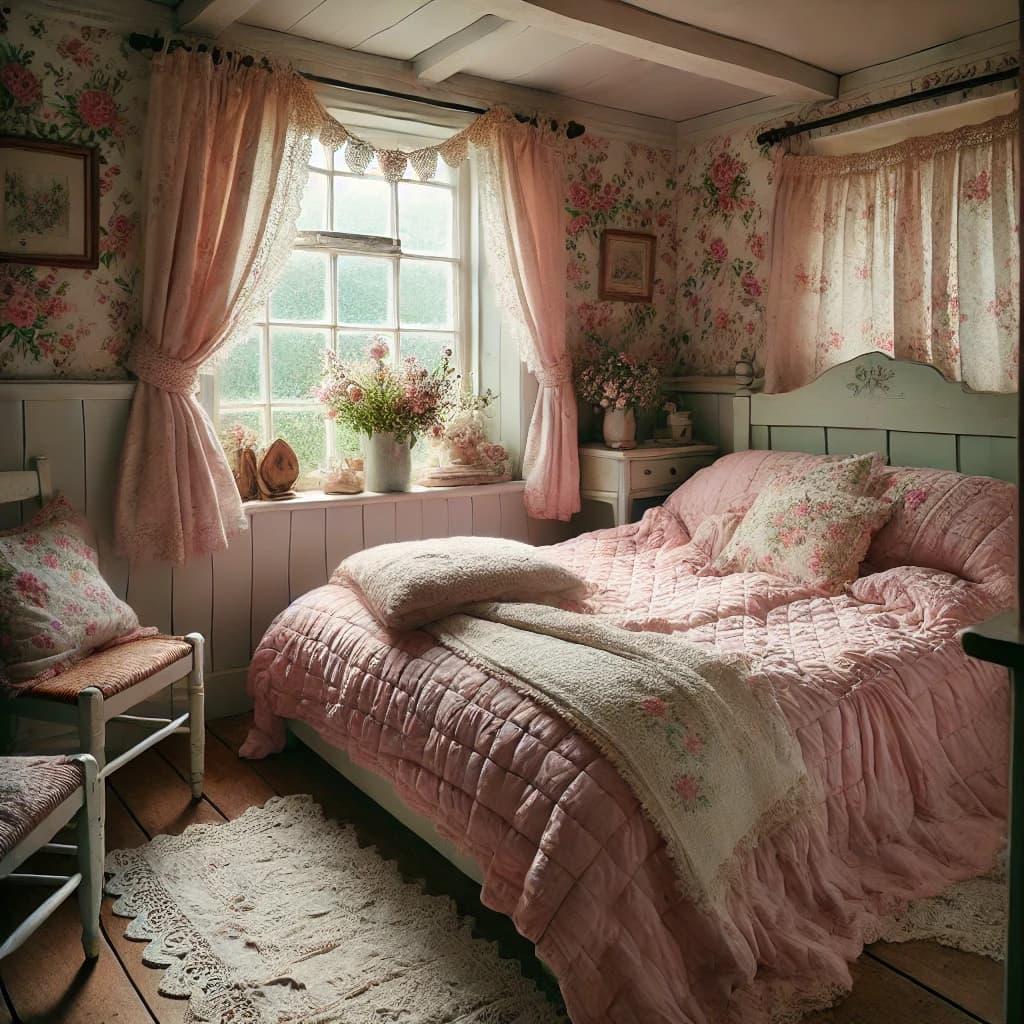 Soft pink quilts with pale green bed frames