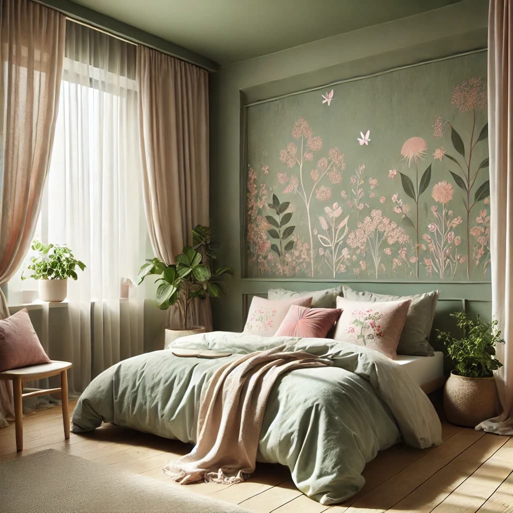 Green walls with blush pink floral accents