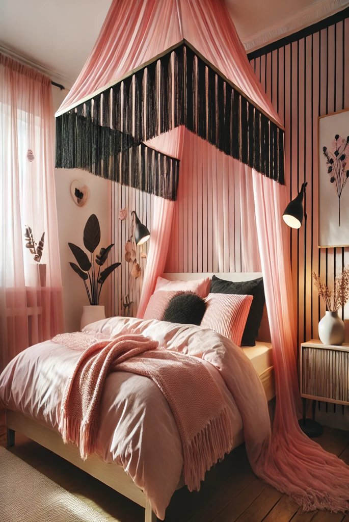  Pink Bed Canopy with Black Fringe