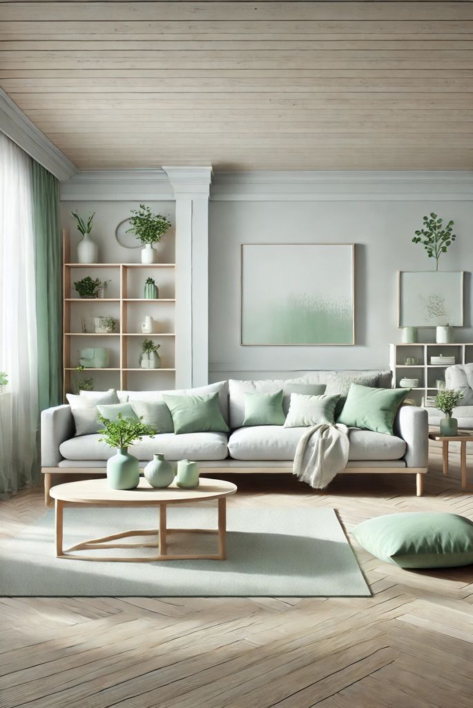 Light grey sofa combined with mint green decor