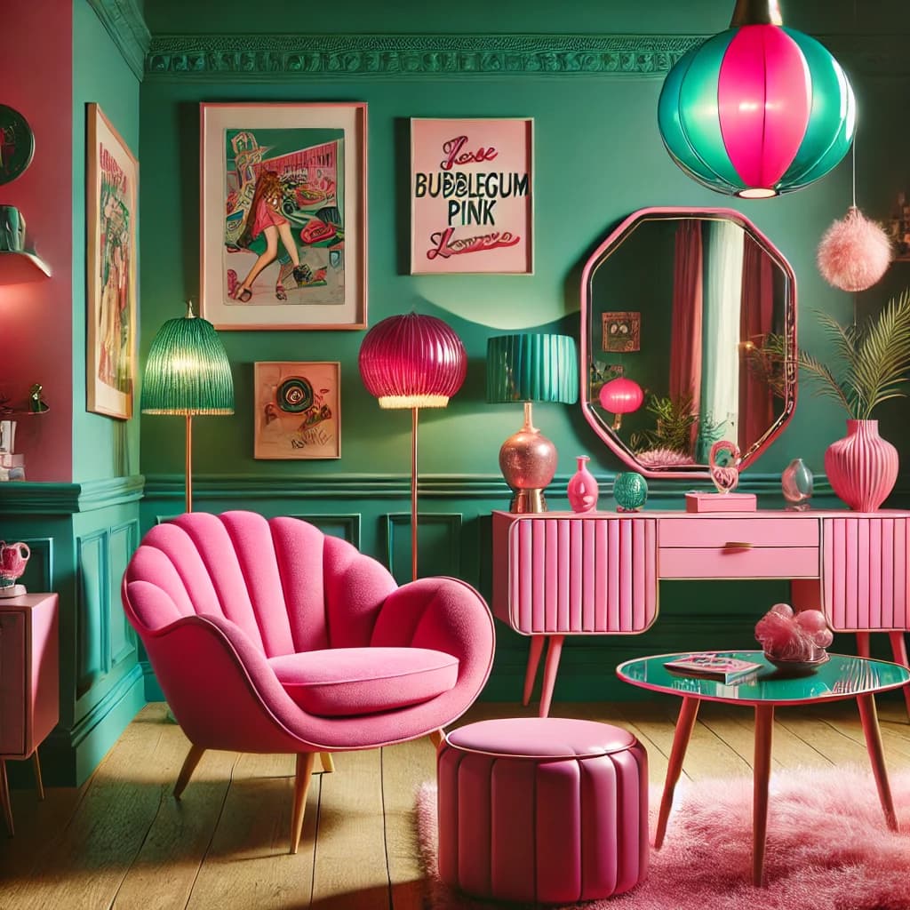 pink furniture with emerald green walls