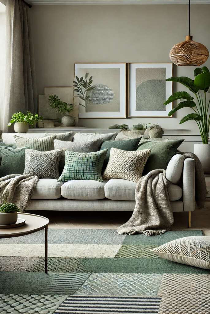 Light grey and green living room