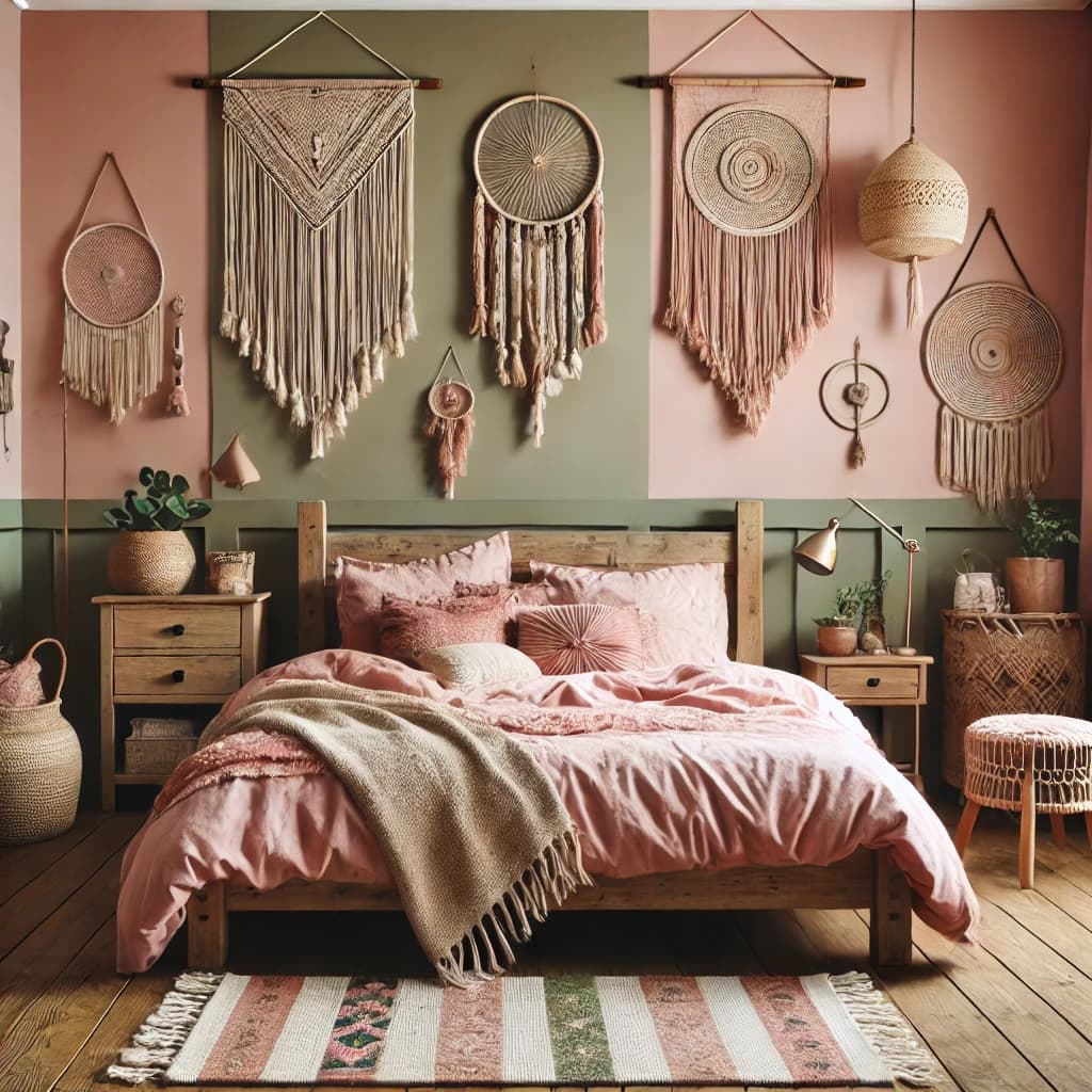 boho pink textiles with olive green wall