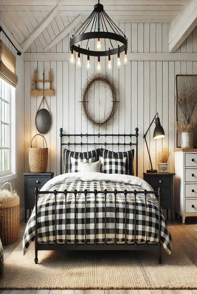 White shiplap walls with a black metal bedframe