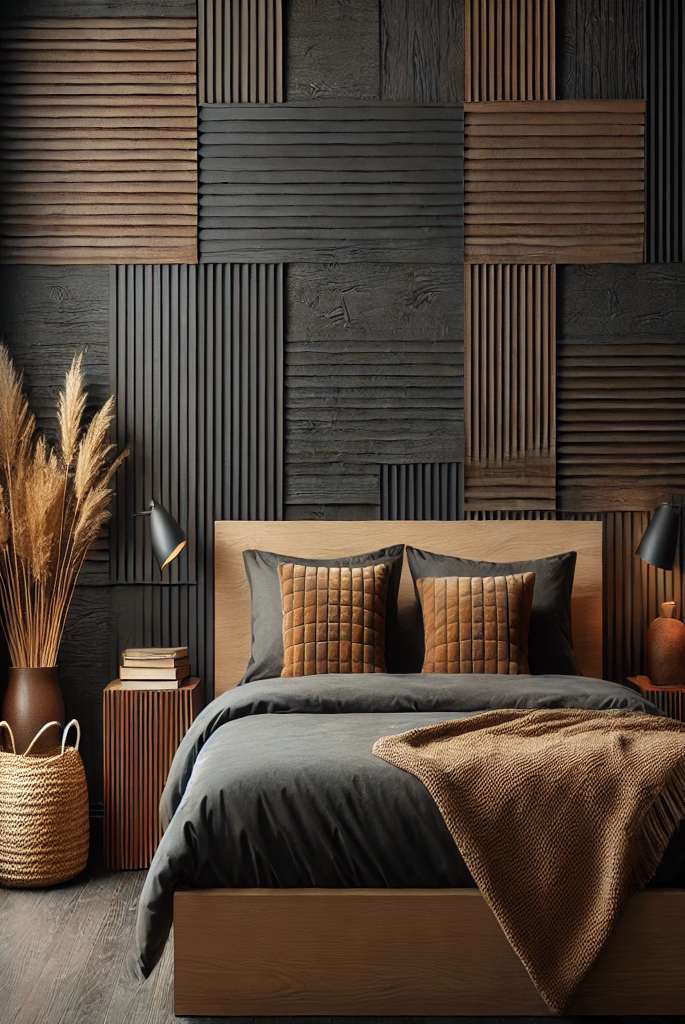  textured black wall behind the bed