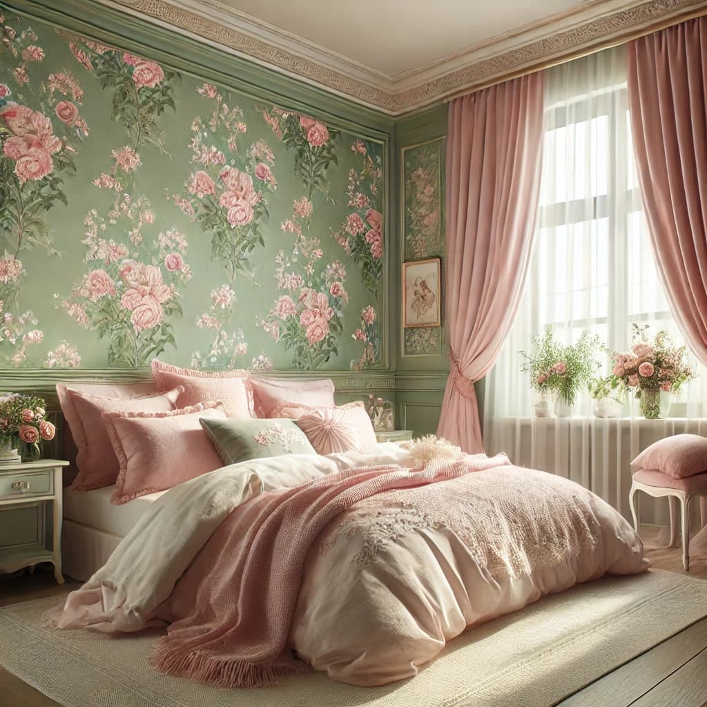 green floral wallpaper with pink bedding