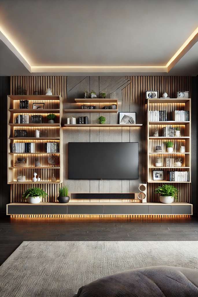 Basement TV Wall Ideas with Floating Shelves