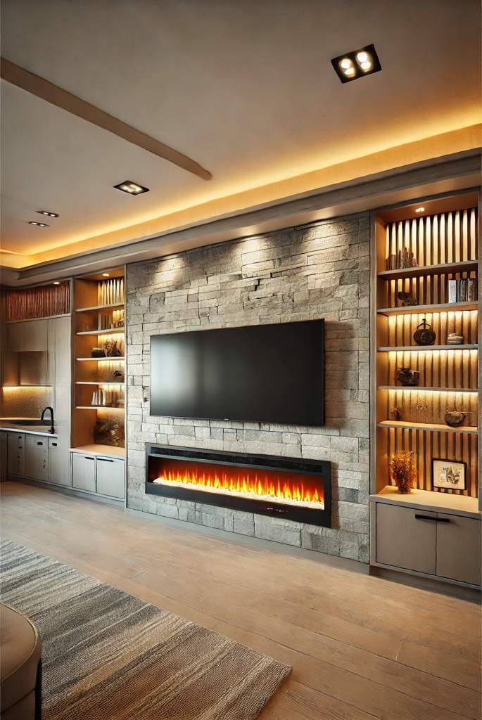 Basement TV Wall with Fireplace