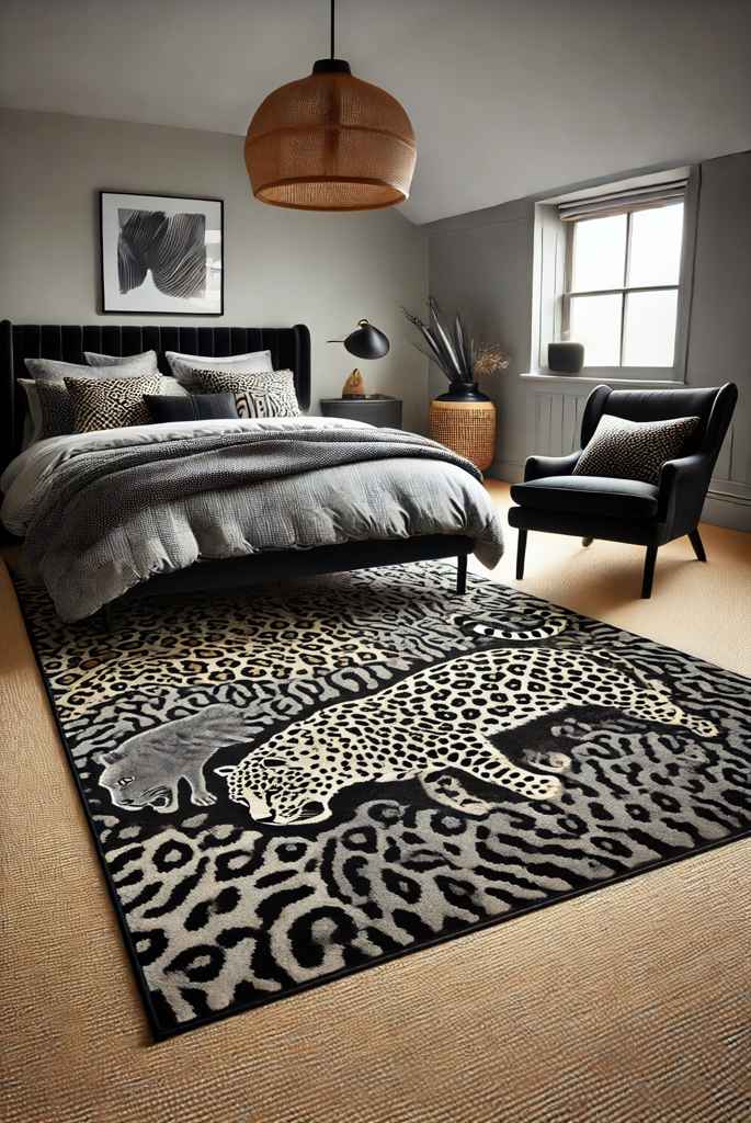 Black Rug with Animal Print Accents