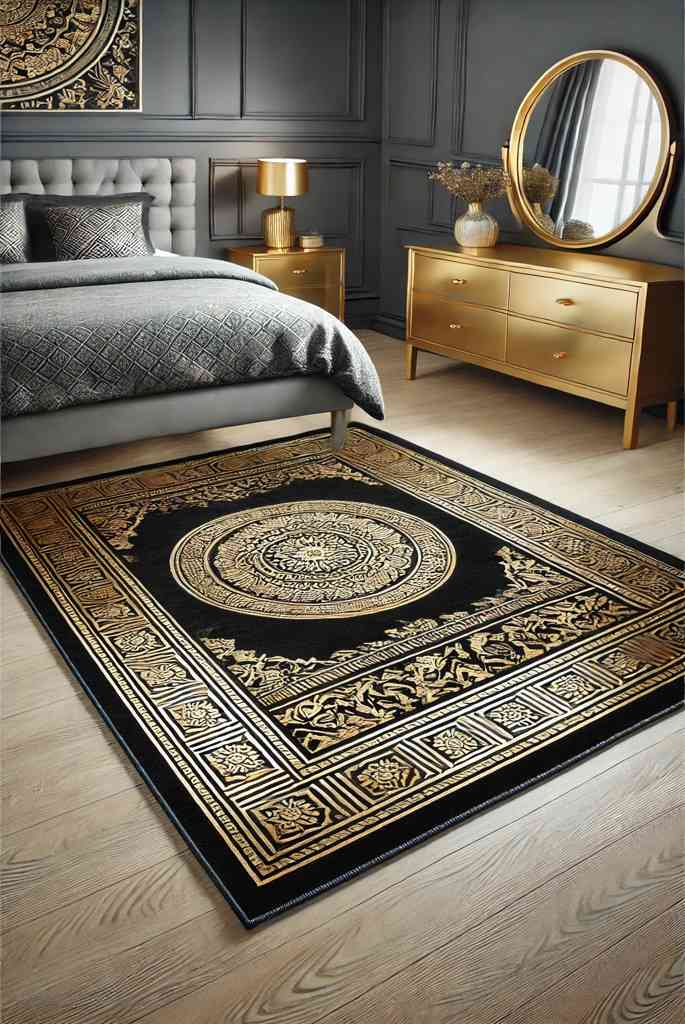 Black Rug with Gold Accents