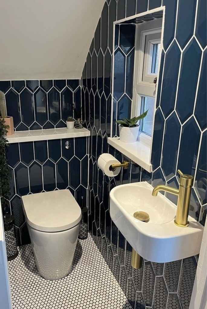 Bold Small Bathroom with Navy Tiles