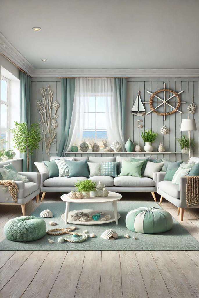 Coastal Grey and Green Living Room
