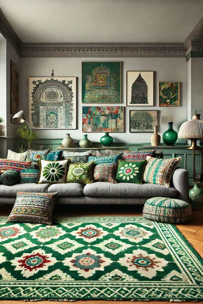 Eclectic Grey and Green Living Room