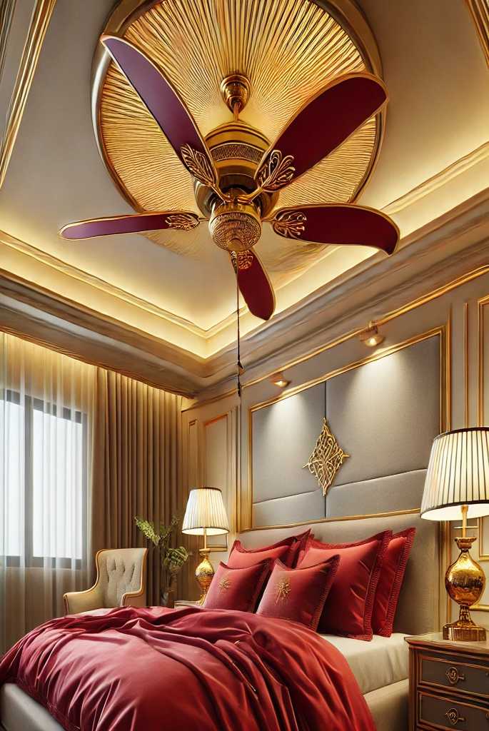 Gold Ceiling Fan with Red Accents