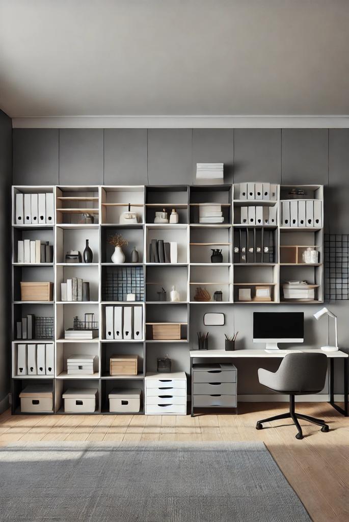 Grey Walls with Built-In Shelves